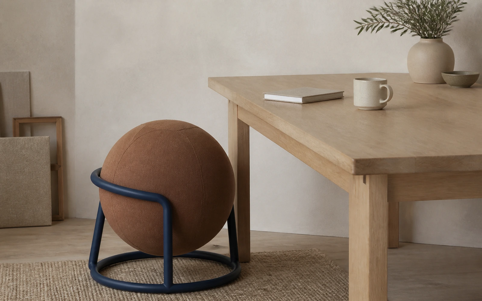 A quiet desk with a ball seat in flat afternoon light