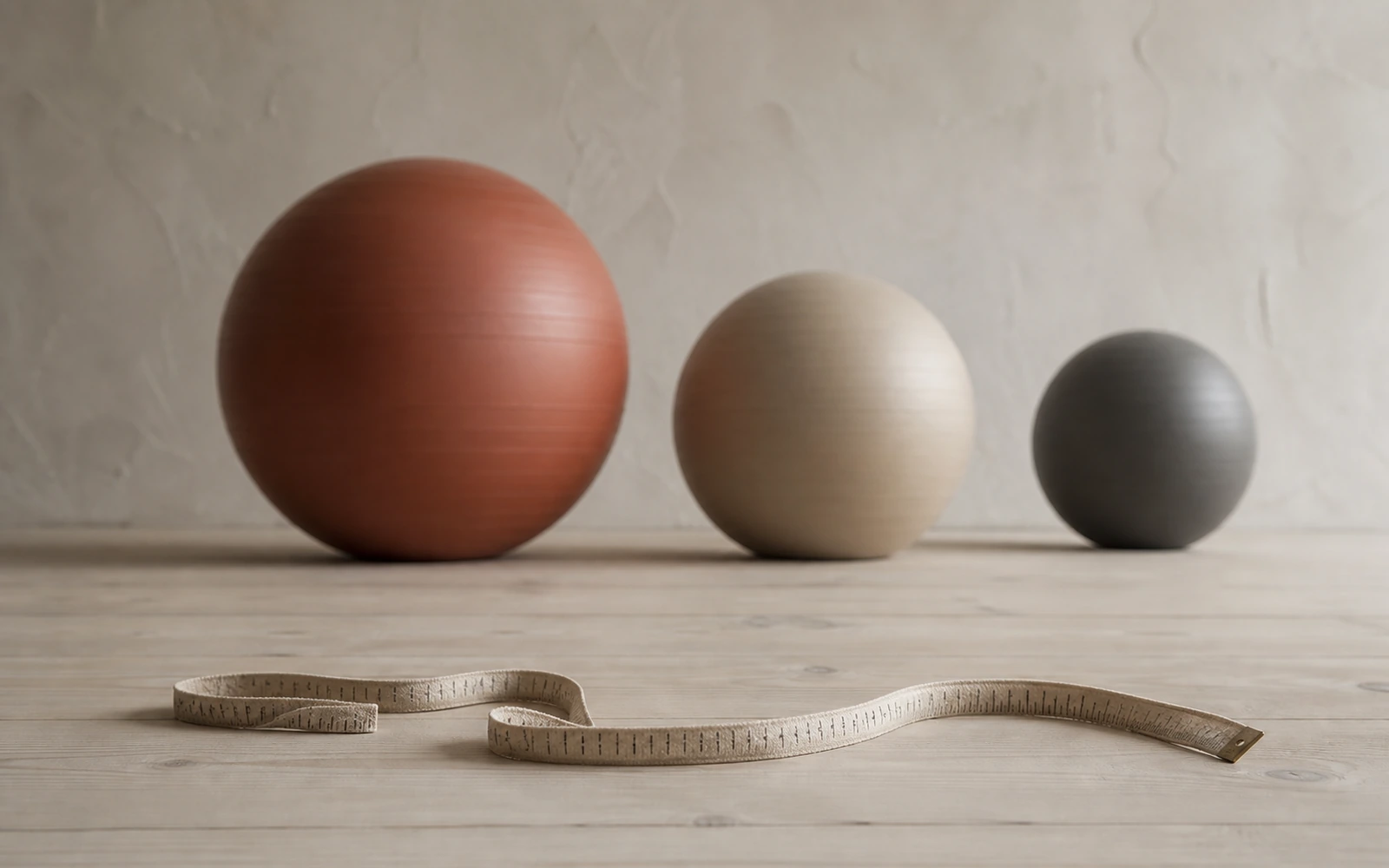 A tape measure and three balls arranged in a row on a pale floor