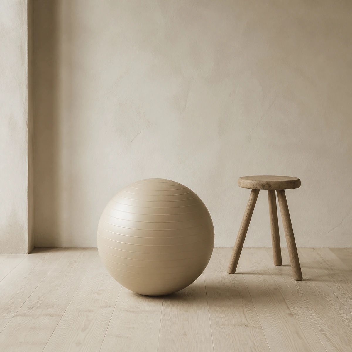 Hearth Compact Ball in warm sand tone beside a wooden stool
