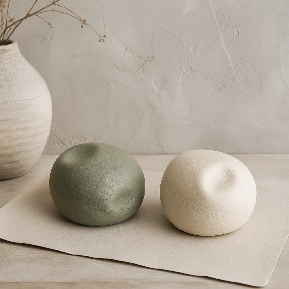 Two soft 23cm pilates spheres in sage and cream on paper